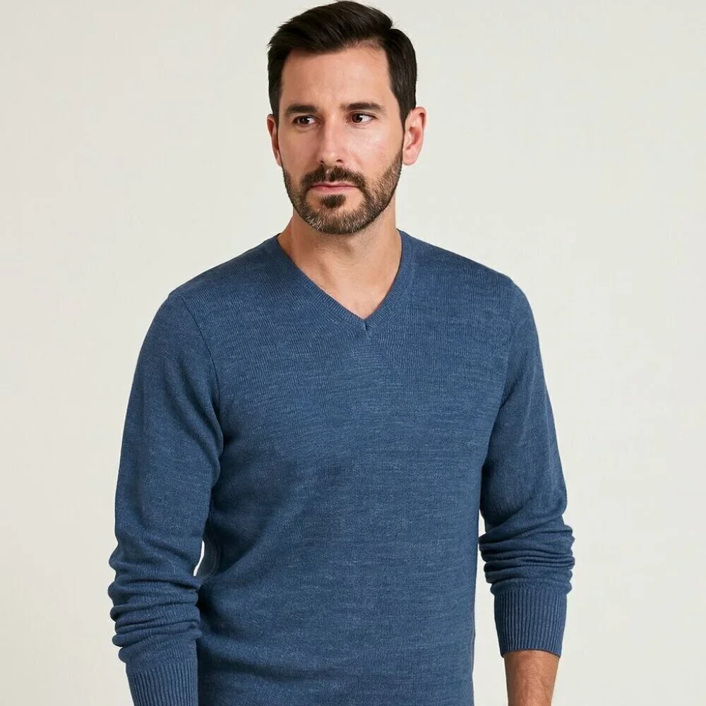 Bruun & Stengade Blue V-Neck Knit Pullover Wool Blend Sweater Men’s Size L